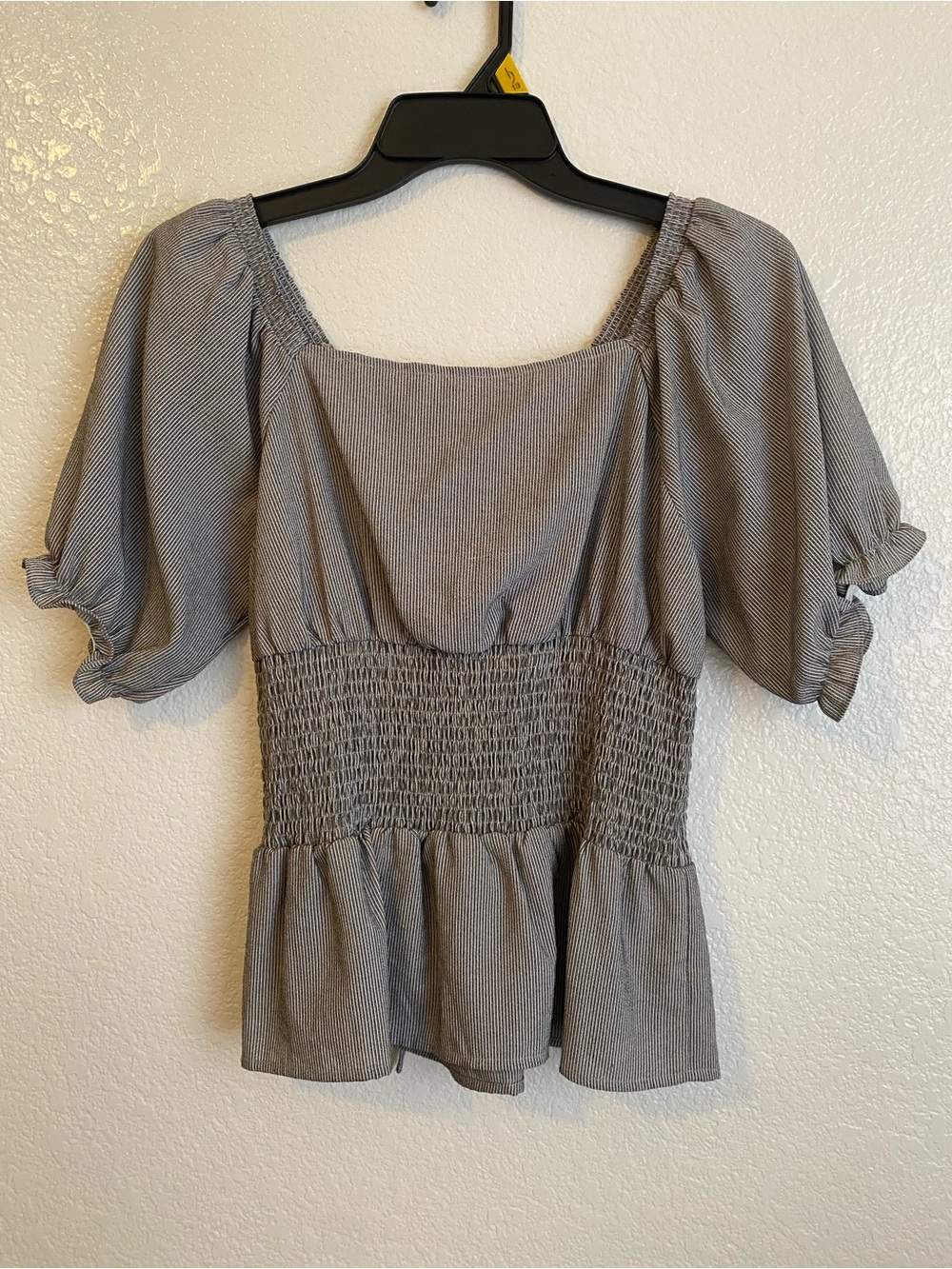 Square-Neck Smocked Peplum Blouse in Gray